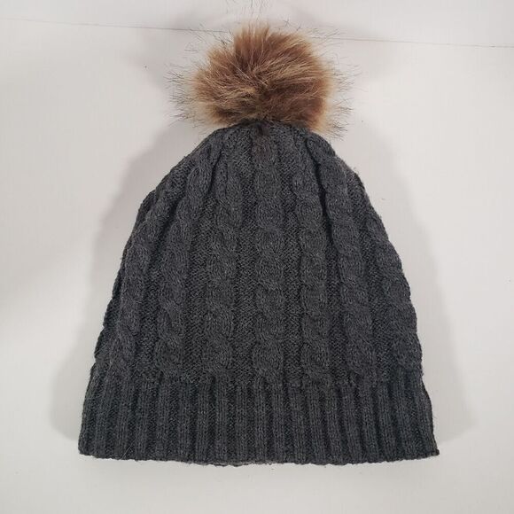 Beanie Hat Women's OS Gray Knit Chunky Fleece Lined Faux Fur Pom Pom - Picture 2 of 4